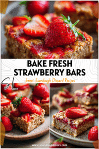 Golden strawberry sourdough breakfast bars topped with fresh strawberries on a rustic plate